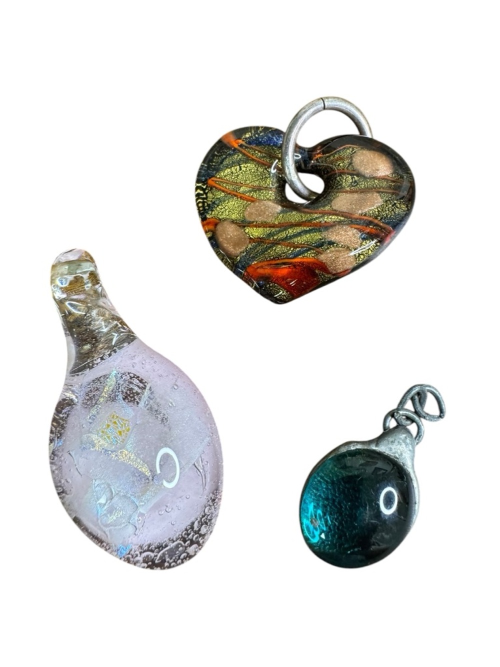 Hand Crafted Heart and Glass Pendant Trio - Green, Teal, Pink, Gold Accents